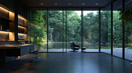 Sophisticated dark interior office with a sleek workspace, subtle lighting, and expansive glass panes opening to a nature-filled backdrop