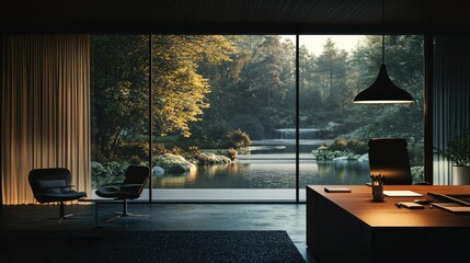 Sophisticated dark interior office with a sleek workspace, subtle lighting, and expansive glass panes opening to a nature-filled backdrop