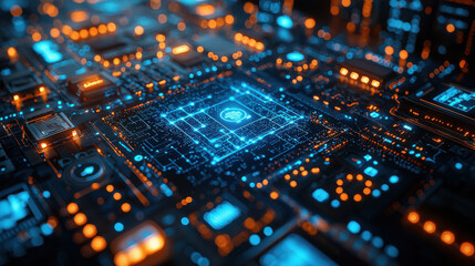 Obraz premium A vibrant tapestry of interconnected blue nodes, representing a vast network of digital data and connections, glows with an ethereal light, forming the perfect backdrop for a dynamic web banner 