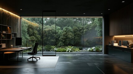Sophisticated dark interior office with a sleek workspace, subtle lighting, and expansive glass panes opening to a nature-filled backdrop