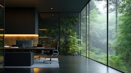 Sophisticated dark interior office with a sleek workspace, subtle lighting, and expansive glass panes opening to a nature-filled backdrop