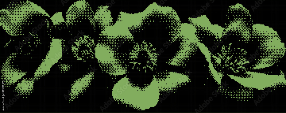 Poster Delicate flowers bloom in an intricate digital design, featuring a rich green palette and pixelated texture. . Bitmap overlay bg with pixel effect.
