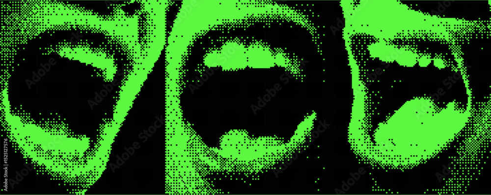 Poster a striking digital artwork illustrates three faces, each in a different stage of vocal expression.bi