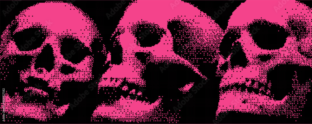 Poster three stylized skulls exhibit a striking neon pink hue against a contrasting dark background. bitmap