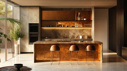 Urban kitchen with modern minimalism, long bar-height island, elegant stools, and golden reflective upper storage