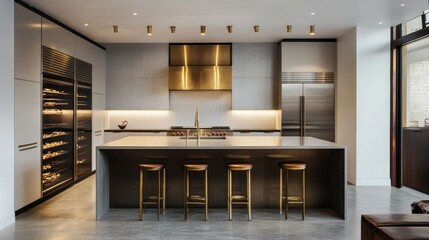 Urban kitchen with modern minimalism, long bar-height island, elegant stools, and golden reflective upper storage