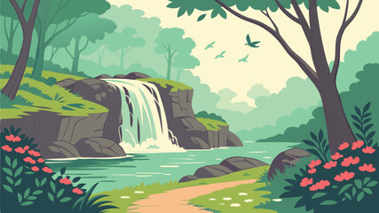 Minimalist Vector Illustration of Tranquil Waterfall Scenery Design
