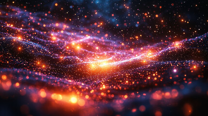 Fototapeta premium A vibrant tapestry of interconnected dots and glowing lines, a digital canvas where information flows freely, symbolizing the boundless capabilities of networks and the intricate workings of 