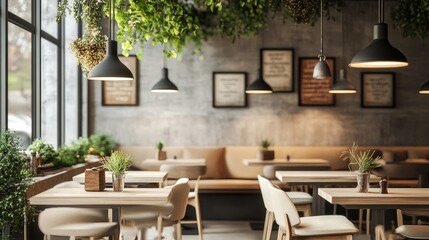 Well-lit industrial-modern cafe with sturdy wood tables, cream and beige seating, and stylish metal lights hanging overhead