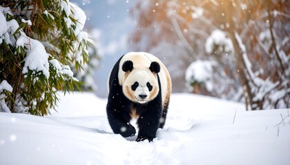 Panda walking snowy bamboo forest.