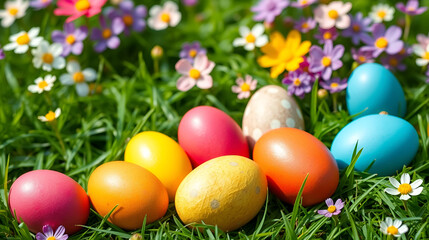 Fototapeta premium Easter background, colored easter eggs lying in the grass, field flowers, easter flowers background, fresh green spring Easter background with painted eggs on a green grass