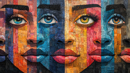 A vibrant tapestry woven with diverse faces, each a unique brushstroke in a paper cut-out masterpiece, capturing the essence of humanity's unity in a playful and artistic style 