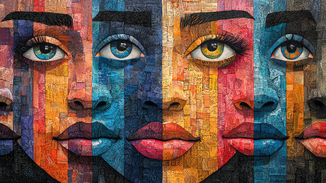 A vibrant tapestry woven with diverse faces, each a unique brushstroke in a paper cut-out masterpiece, capturing the essence of humanity's unity in a playful and artistic style 