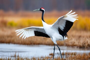 Fototapeta premium Red crowned crane opening wings in natural habitat