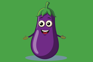 A cute, funny cartoon eggplant character with a happy face, isolated on a white background, makes a healthy and fun fruit illustration