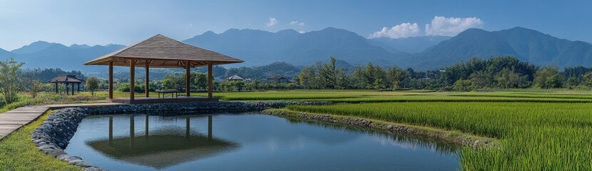 Obraz premium Rustic gazebo by a tranquil pond, with mountains in the backdrop