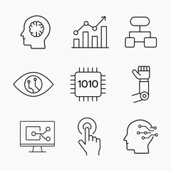 Clean outline icons of artificial intelligence, robotics, automation and digital interfaces, ideal for tech, UI and innovation themed designs