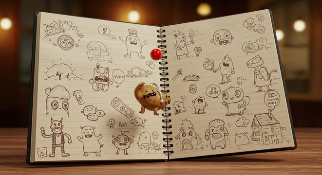 Whimsical sketchbook with playful doodles, a red ball, and a cute character.