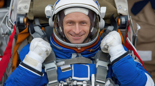 Smiling astronaut wearing spacesuit.