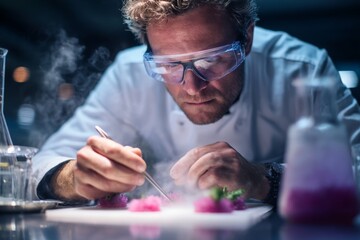 Focused male chef in safety goggles preparing a molecular gastronomy dish with pink foam and laboratory tools. Depicts innovation, precision, and modern experimental cuisine.