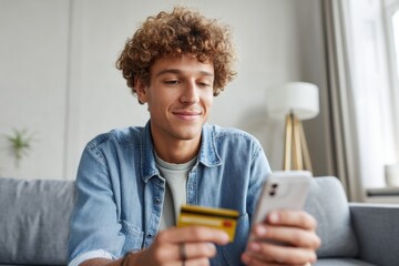 Young man with curly hair using a smartphone while holding a credit card, seated comfortably indoors. Represents online shopping, digital payments, and modern consumer behavior.