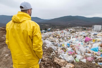 Man in a yellow raincoat standing at a landfill site filled with plastic waste and garbage, overlooking a mountainous landscape. Highlights environmental pollution and waste management issues.