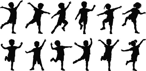 Vector silhouette of active children jumping, dancing, and moving, happy kids in motion poses, energy, joy, and fun activities