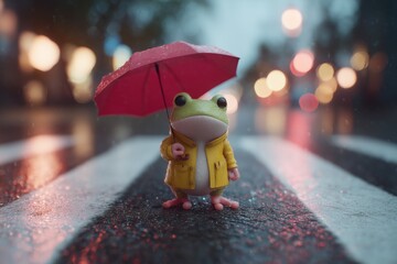 Cute cartoon frog in a yellow raincoat holding a red umbrella, standing on a wet crosswalk in a city at night. Evokes whimsy, weather, and imaginative children’s storytelling.