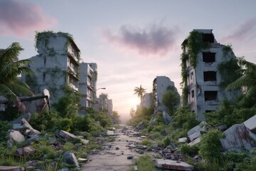 Crumbling buildings and streets overtaken by nature in an abandoned urban area at sunrise. Suggests post-apocalyptic themes, urban decay, and the resilience of nature over time.