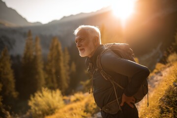 Elderly man with a backpack hiking through a mountainous forest at sunset, bathed in warm light. Represents active aging, adventure, and connection with nature.