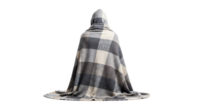 Person wrapped in cozy blanket for warmth and comfort on a cold day in winter for relaxing time on a transparent background
