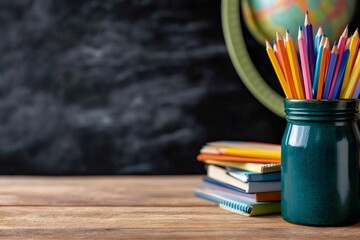 Back to school concept with colored pencils, notebooks and globe on teacher's desk in front of blackboard
