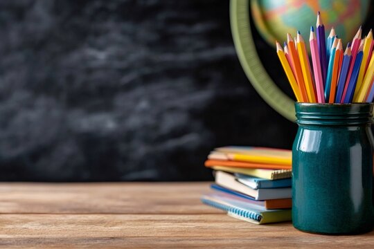 Back to school concept with colored pencils, notebooks and globe on teacher's desk in front of blackboard
