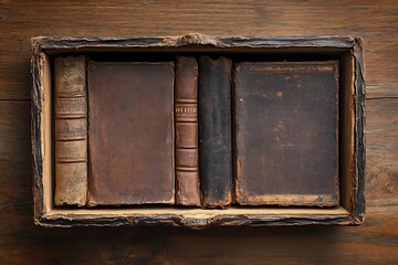 Antique books nestled in a weathered wooden box