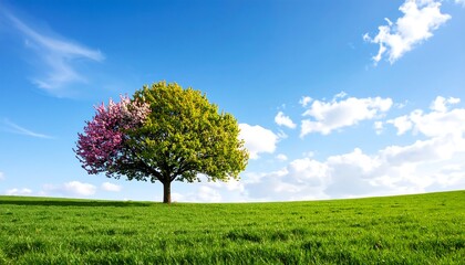 Spring tree with green field, and blue sky.