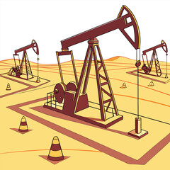 Fototapeta premium Wide Drone Shot of Desert Oil Fields with Yellow Safety Markers – Vector Illustration - Adobe Illustrator Artwork