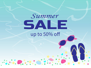 サマーセール最大50%オフのビーチ背景