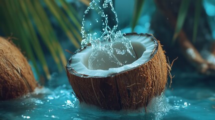 A fresh coconut is halved and filled with coconut water, which is dramatically splashing into the air.