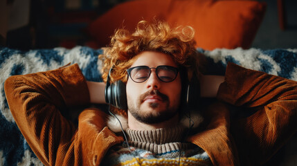 Obraz premium Redhead boy enjoying music at home cozy environment relaxed mood