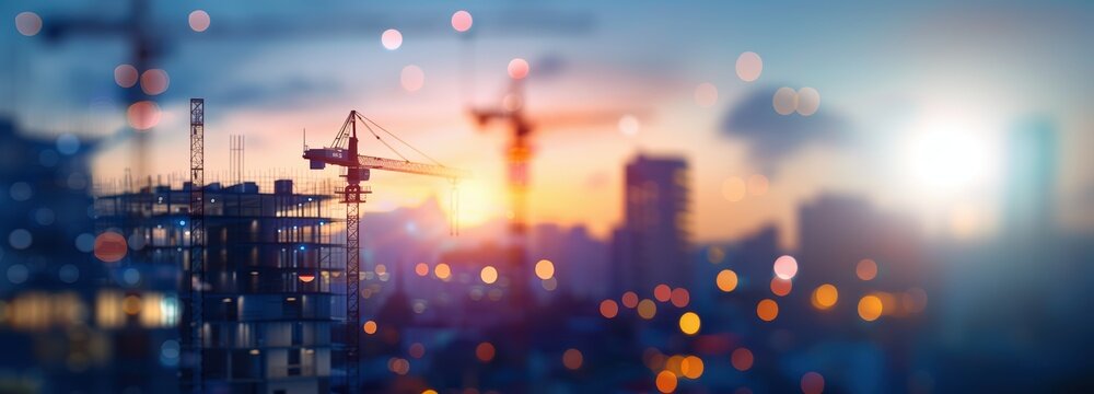 A construction site at sunset with cranes towering over partially completed buildings. The background includes a bokeh effect with blurred lights in orange, yellow, and white tones.
