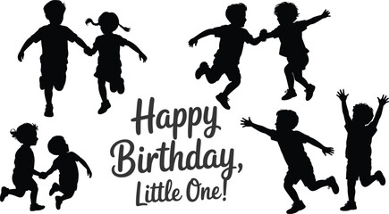 Happy birthday silhouette of children running and playing, cute kids party celebration graphic for invitations, posters, cards, and decorations