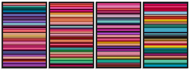 Set of colorful geometric posters with vibrant stripes of unique shapes with chaotic geometry and volumetric lighting effects, depth and contrast. Bright and bold lines of spatial geometry. Vector