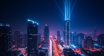 Naklejka premium Futuristic Metropolis: A breathtaking nightscape unfolds, showcasing the vibrant cityscape of towering skyscrapers bathed in neon light. The buildings and road is under a clear sky.