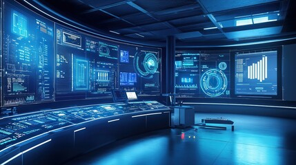 A futuristic AI-powered control center monitoring industrial automation.