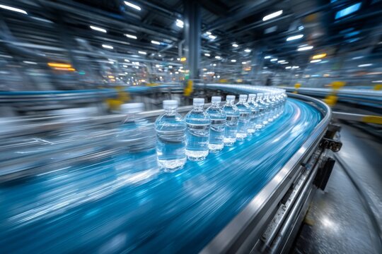 Bottled water moving along a blue conveyor belt at high speed in bottling factory