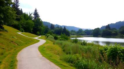 Fototapeta premium A serene landscape featuring a winding path leading to a peaceful lake, surrounded by lush greenery, conveying a
