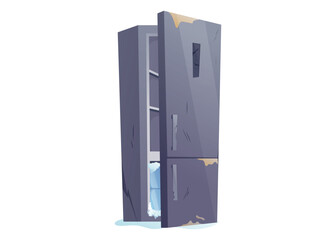 Vector cartoon illustration of old dirty fridge with broken panel, scratches, slightly open door. Worn out refrigerator with stains and damage, for game backgrounds, or abandoned interiors.