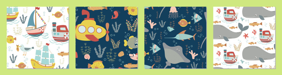 Nautical themed vector illustration set featuring a vibrant underwater scene with boats, submarines and various sea creatures. Ideal for children s design, wallpapers and educational materials.