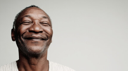 portrait of smiling grinder positioned on left side of frame