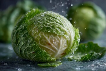 Obraz premium Fresh Green Cabbage Head Being Rinsed with Water in a Kitchen Setting
